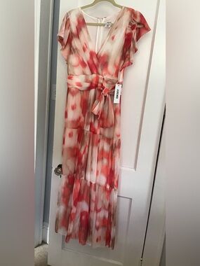 DKNY Coral and Cream Watercolor Wrap Maxi Dress